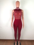 Sleeveless Feather Rhinestone Mesh Perspective Sexy Skinny Jumpsuit OSM-4095