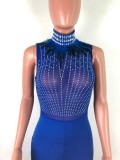 Sleeveless Feather Rhinestone Mesh Perspective Sexy Skinny Jumpsuit OSM-4095