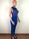Sleeveless Feather Rhinestone Mesh Perspective Sexy Skinny Jumpsuit OSM-4095