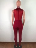 Sleeveless Feather Rhinestone Mesh Perspective Sexy Skinny Jumpsuit OSM-4095