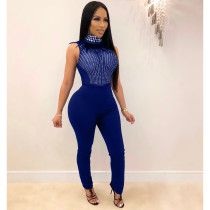 Sleeveless Feather Rhinestone Mesh Perspective Sexy Skinny Jumpsuit OSM-4095