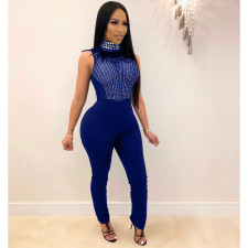 Sleeveless Feather Rhinestone Mesh Perspective Sexy Skinny Jumpsuit OSM-4095