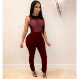 Sleeveless Feather Rhinestone Mesh Perspective Sexy Skinny Jumpsuit OSM-4095