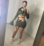 Solid Color Oblique Shoulder Flared Sleeve Lace-up Skirt Two Piece Sets OSM-4339