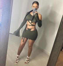 Solid Color Oblique Shoulder Flared Sleeve Lace-up Skirt Two Piece Sets OSM-4339