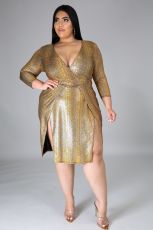 Plus Size Printed V Neck Split Midi Dress OSM-7006