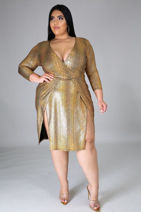 Plus Size Printed V Neck Split Midi Dress OSM-7006