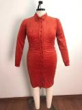 Plus Size Solid Long Sleeve Slim Shirt Dress OSM-7005