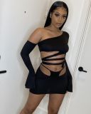 Solid Color Oblique Shoulder Flared Sleeve Lace-up Skirt Two Piece Sets OSM-4339
