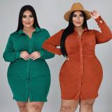 Plus Size Solid Long Sleeve Slim Shirt Dress OSM-7005