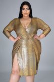 Plus Size Printed V Neck Split Midi Dress OSM-7006