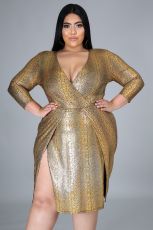 Plus Size Printed V Neck Split Midi Dress OSM-7006