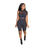 Fashion Asymmetric Single Sleeve Mesh Two Piece Sets OSM-4340