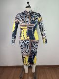 Plus Size Printed Long Sleeve Midi Dress OSM-5280