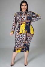 Plus Size Printed Long Sleeve Midi Dress OSM-5280