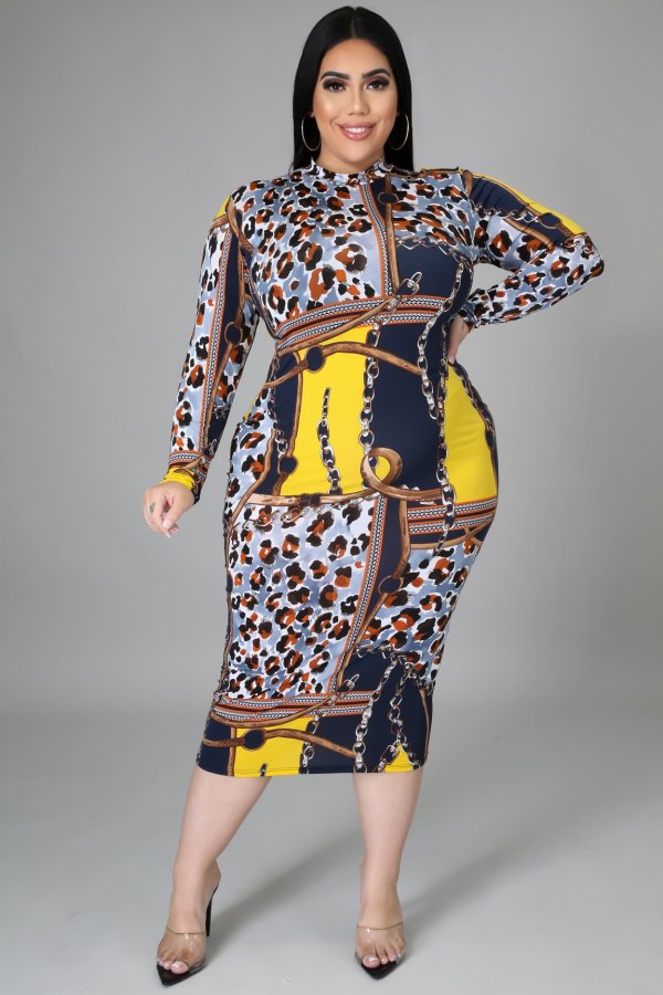 Plus Size Printed Long Sleeve Midi Dress OSM-5280
