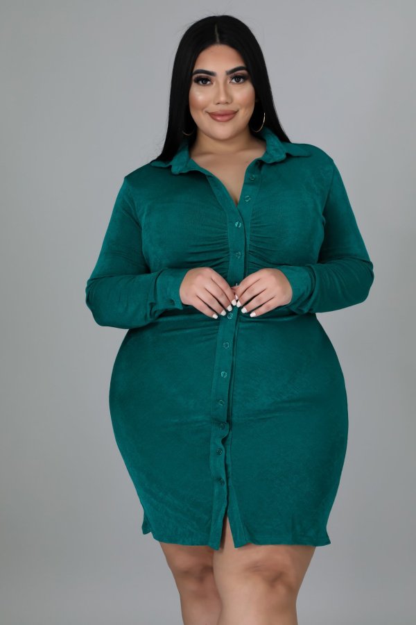 Plus Size Solid Long Sleeve Slim Shirt Dress OSM-7005