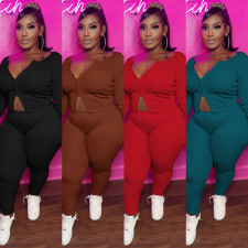 Solid Long Sleeve Zipper Top And Pants 2 Piece Sets MA-Y455