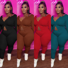 Solid Long Sleeve Zipper Top And Pants 2 Piece Sets MA-Y455