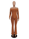 Solid Ribbed Slash Neck Long Sleeve 2 Piece Pants Set ZDF-31175