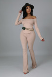 Solid Ribbed Slash Neck Long Sleeve 2 Piece Pants Set ZDF-31175