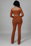 Solid Ribbed Slash Neck Long Sleeve 2 Piece Pants Set ZDF-31175