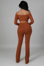 Solid Ribbed Slash Neck Long Sleeve 2 Piece Pants Set ZDF-31175