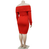 Plus Size Solid V Neck Long Sleeve Midi Dress NNWF-7371
