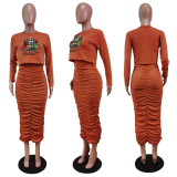 Christmas Tree Print Long Sleeve Ruched Maxi Skirt Sets WY-68502