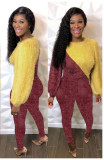 Contrast Color Furry Sweater And Pants 2 Piece Sets LM-8291