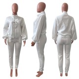 Solid Fleece Zipper Sweatshirt Pants Two Piece Sets NIK-265