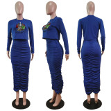 Christmas Tree Print Long Sleeve Ruched Maxi Skirt Sets WY-68502
