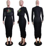 Christmas Tree Print Long Sleeve Ruched Maxi Skirt Sets WY-68502