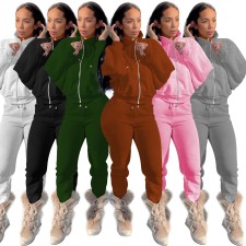 Solid Fleece Zipper Sweatshirt Pants Two Piece Sets NIK-265