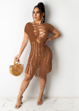 Sexy Fashion Hollow Out Weave Tassel Beach Dress OSM-4330