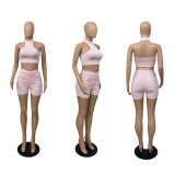 Solid Halter Crop Top+Ruched Shorts+Long Cloak 3 Piece Sets LUO-6678