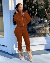 Solid Fleece Zipper Sweatshirt Pants Two Piece Sets NIK-265