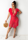 Sexy Fashion Hollow Out Weave Tassel Beach Dress OSM-4330