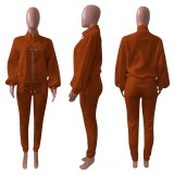Solid Fleece Zipper Sweatshirt Pants Two Piece Sets NIK-265