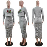 Christmas Tree Print Long Sleeve Ruched Maxi Skirt Sets WY-68502