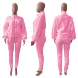 Solid Fleece Zipper Sweatshirt Pants Two Piece Sets NIK-265