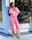Solid Fleece Zipper Sweatshirt Pants Two Piece Sets NIK-265
