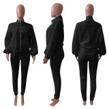 Solid Fleece Zipper Sweatshirt Pants Two Piece Sets NIK-265