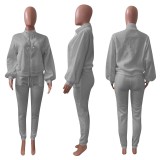 Solid Fleece Zipper Sweatshirt Pants Two Piece Sets NIK-265