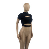 Sexy Ribbed Hollow Out Short Sleeve Slim T Shirt ANDF-0503