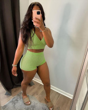 Solid V Neck Sleeveless Two Piece Shorts Set ANDF-0501