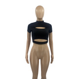 Sexy Ribbed Hollow Out Short Sleeve Slim T Shirt ANDF-0503
