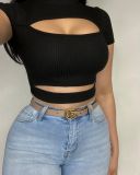 Sexy Ribbed Hollow Out Short Sleeve Slim T Shirt ANDF-0503