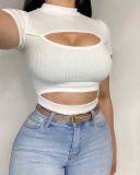 Sexy Ribbed Hollow Out Short Sleeve Slim T Shirt ANDF-0503