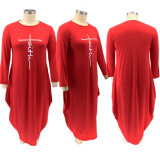 Plus Size Letter Print Long Sleeve Loose Maxi Dress HNIF-008